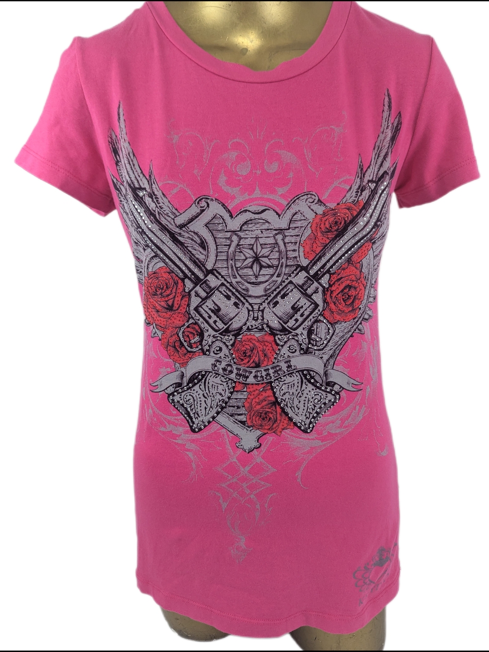 Rhinestone Pink Pistol Cowgirl Top With Wings & Roses Size Medium
